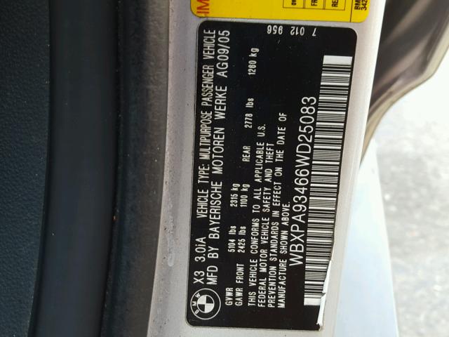 WBXPA93466WD25083 - 2006 BMW X3 3.0I SILVER photo 10