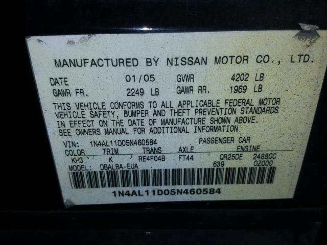 1N4AL11D05N460584 - 2005 NISSAN ALTIMA S BLACK photo 10