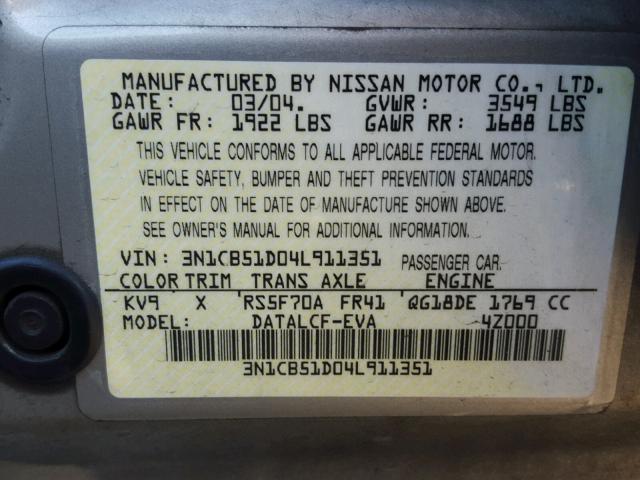 3N1CB51D04L911351 - 2004 NISSAN SENTRA 1.8 TAN photo 10