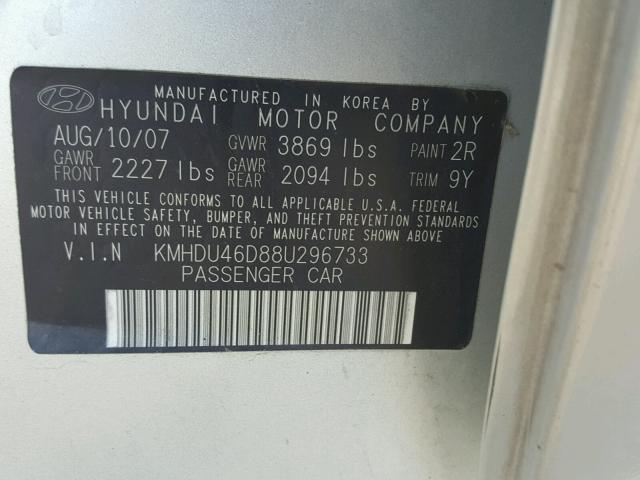 KMHDU46D88U296733 - 2008 HYUNDAI ELANTRA GL SILVER photo 10