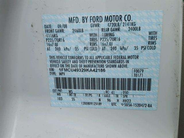 1FMCU49329KA42186 - 2009 FORD ESCAPE HYB WHITE photo 10