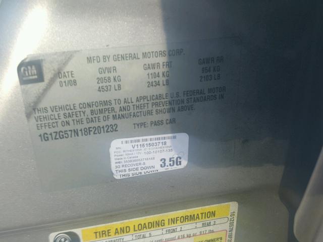 1G1ZG57N18F201232 - 2008 CHEVROLET MALIBU LS ნაცრისფერი ფოტო 10