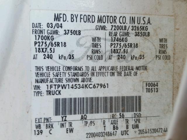 1FTPW14534KC67961 - 2004 FORD F150 SUPER WHITE photo 10