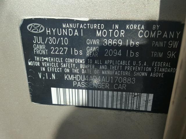 KMHDU4AD4AU170883 - 2010 HYUNDAI ELANTRA BL GOLD photo 10