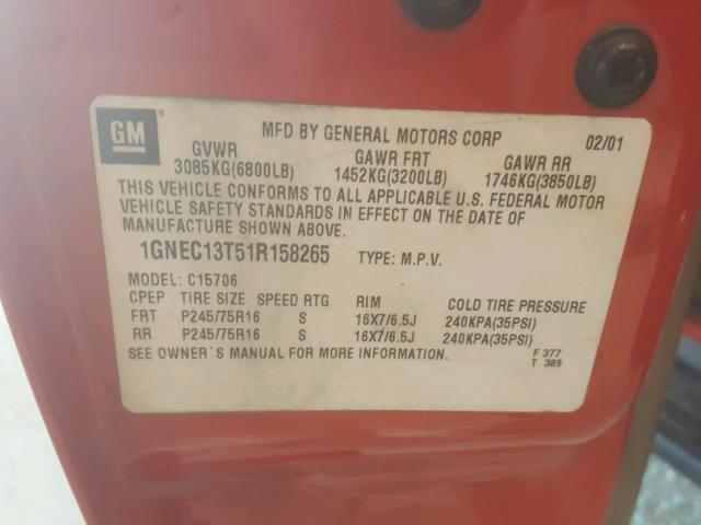 1GNEC13T51R158265 - 2001 CHEVROLET TAHOE C150 RED photo 10