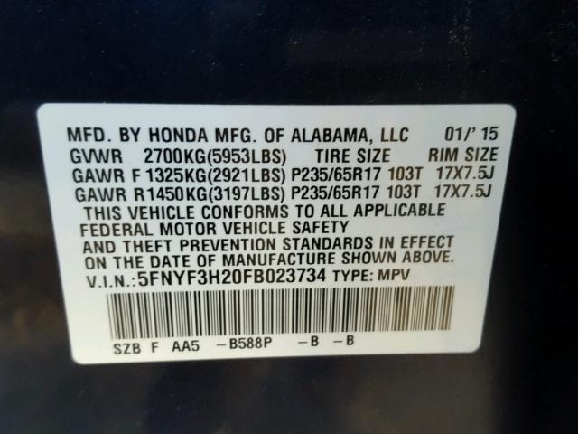 5FNYF3H20FB023734 - 2015 HONDA PILOT LX BLUE photo 10