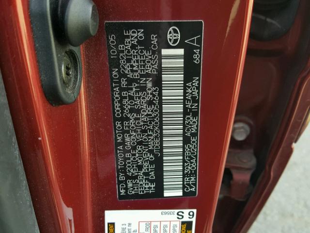 JTDBE32K063054643 - 2006 TOYOTA CAMRY LE RED photo 10