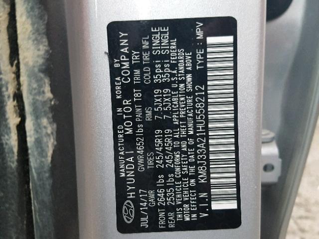 KM8J33A21HU558212 - 2017 HYUNDAI TUCSON LIM SILVER photo 10