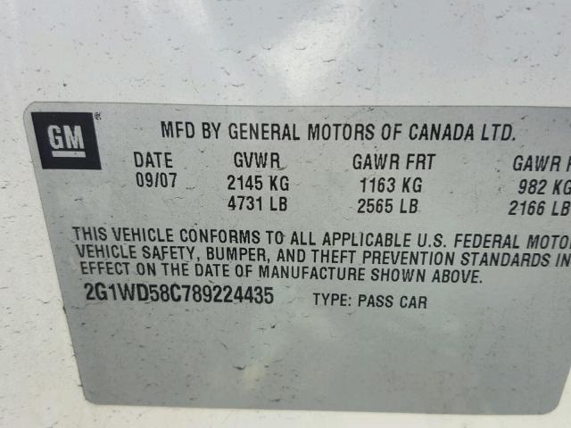 2G1WD58C789224435 - 2008 CHEVROLET IMPALA SUP 白色 照片 10