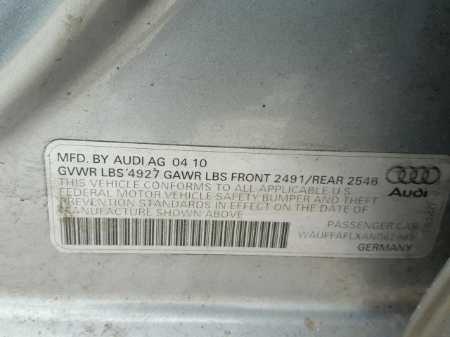 WAUFFAFLXAN062989 - 2010 AUDI A4 PREMIUM GRAY photo 10