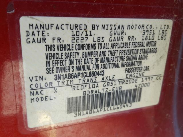 3N1AB6AP1CL660443 - 2012 NISSAN SENTRA 2.0 RED photo 10