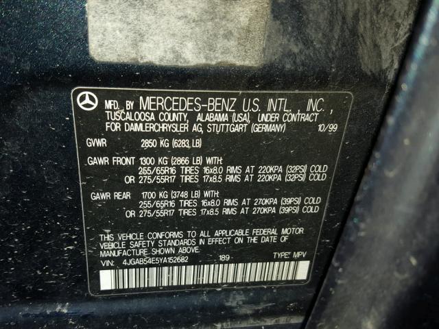 4JGAB54E5YA152682 - 2000 MERCEDES-BENZ ML 320 BLUE photo 10