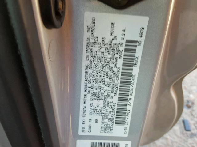 5TETX22N45Z105841 - 2005 TOYOTA TACOMA ACC SILVER photo 10