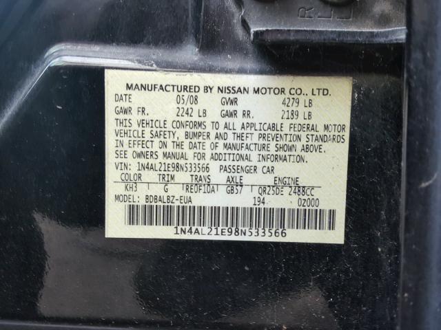 1N4AL21E98N533566 - 2008 NISSAN ALTIMA 2.5 BLACK photo 10