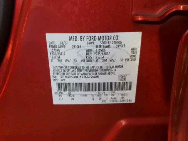 2FMDK39C17BA72405 - 2007 FORD EDGE SEL P MAROON photo 10