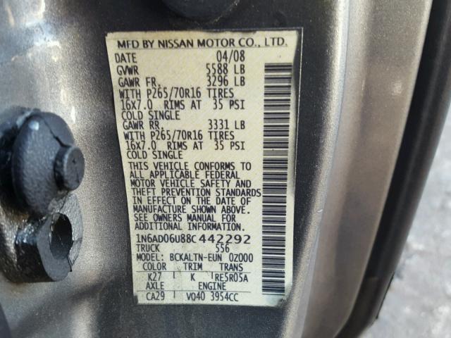 1N6AD06U88C442292 - 2008 NISSAN FRONTIER K SILVER photo 10