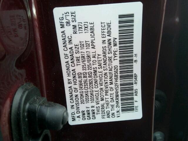 2HKRM4H52FH685620 - 2015 HONDA CR-V EX BURGUNDY photo 10