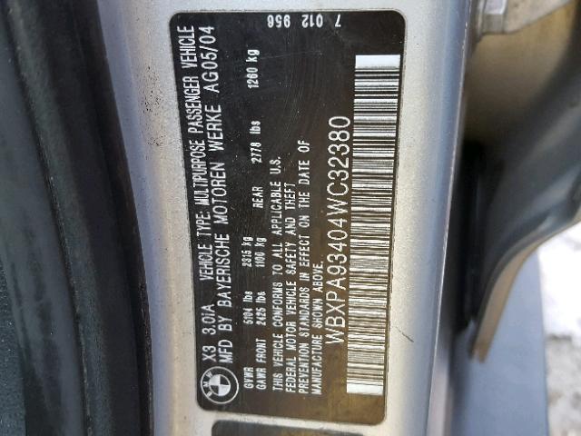 WBXPA93404WC32380 - 2004 BMW X3 3.0I SILVER photo 10