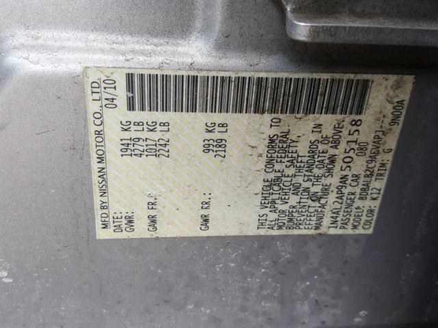 1N4AL2AP9AN505158 - 2010 NISSAN ALTIMA BAS SILVER photo 10