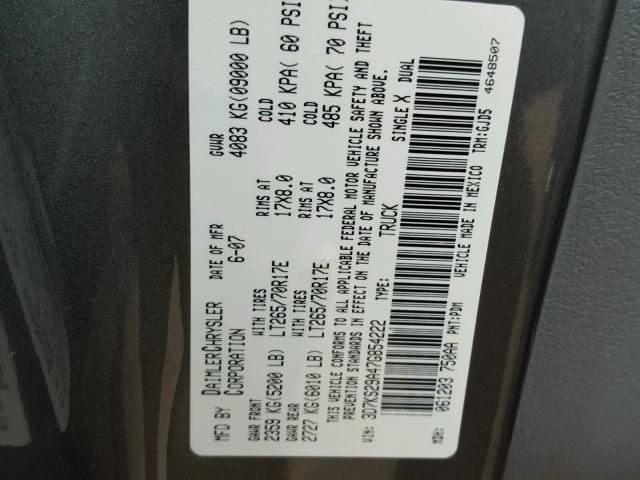 3D7KS29A47G854222 - 2007 DODGE RAM 2500 GRAY photo 10