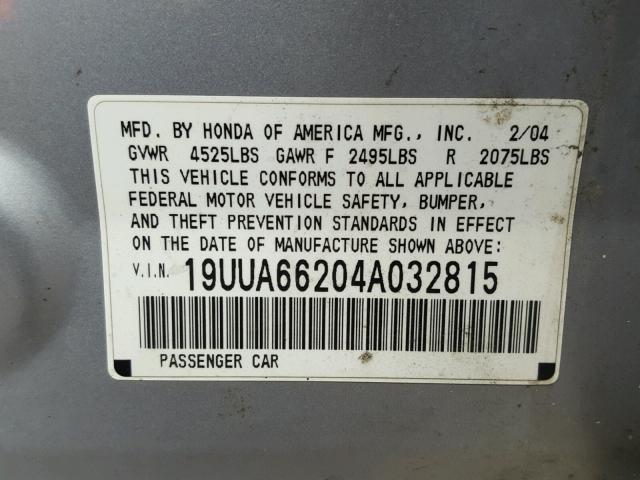 19UUA66204A032815 - 2004 ACURA TL SILVER photo 10