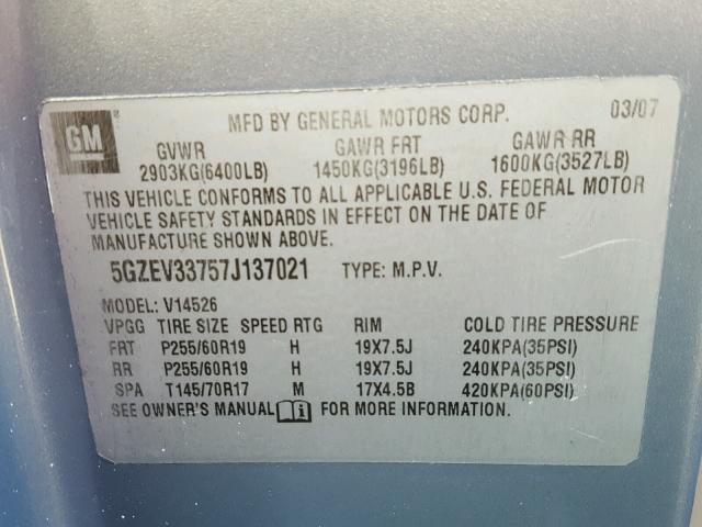 5GZEV33757J137021 - 2007 SATURN OUTLOOK SP ნაცრისფერი ფოტო 10