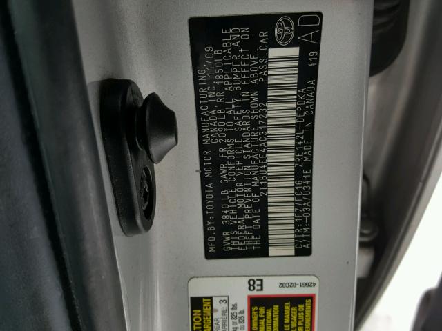 2T1BU4EE4AC317232 - 2010 TOYOTA COROLLA BA SILVER photo 10