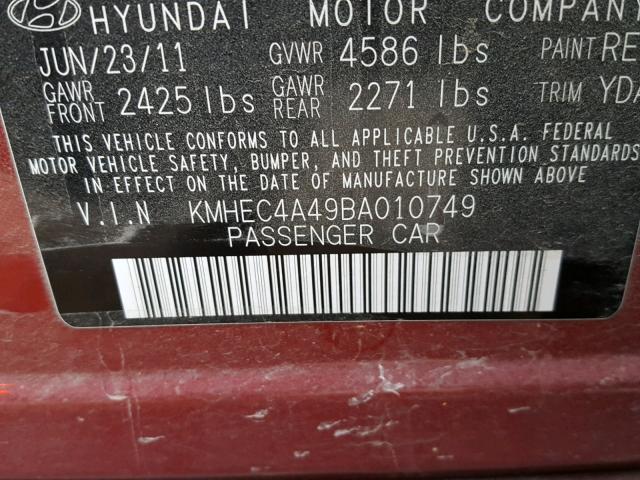 KMHEC4A49BA010749 - 2011 HYUNDAI SONATA HYB RED photo 10