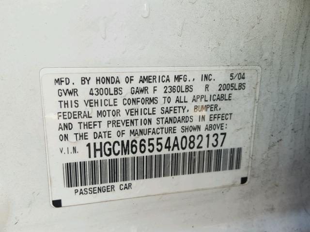 1HGCM66554A082137 - 2004 HONDA ACCORD EX WHITE photo 10