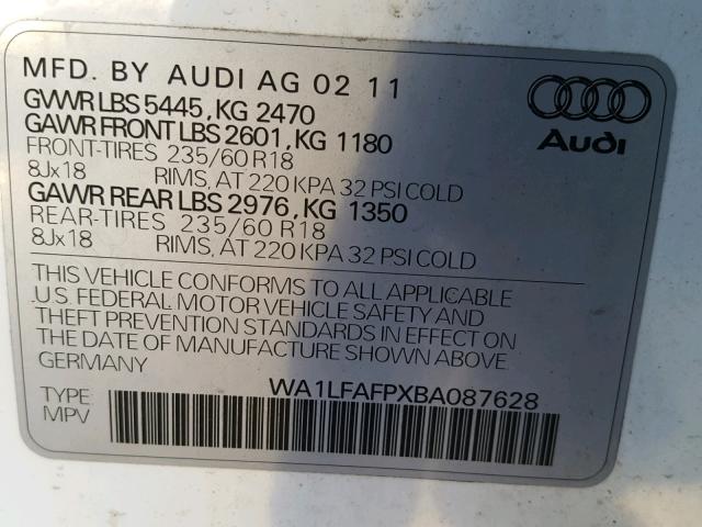 WA1LFAFPXBA087628 - 2011 AUDI Q5 PREMIUM WHITE photo 10