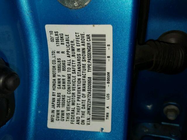 JHMZE2H72AS030658 - 2010 HONDA INSIGHT EX BLUE photo 10