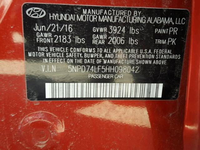 5NPD74LF5HH098042 - 2017 HYUNDAI ELANTRA SE RED photo 10