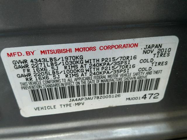 JA4AP3AU7BZ005126 - 2011 MITSUBISHI OUTLANDER GRAY photo 10