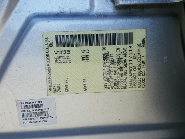 1N4AL2AP9CC117118 - 2012 NISSAN ALTIMA BAS SILVER photo 10