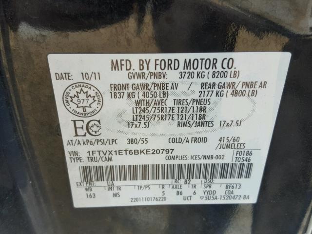 1FTVX1ET6BKE20797 - 2011 FORD F150 SUPER BLACK photo 10