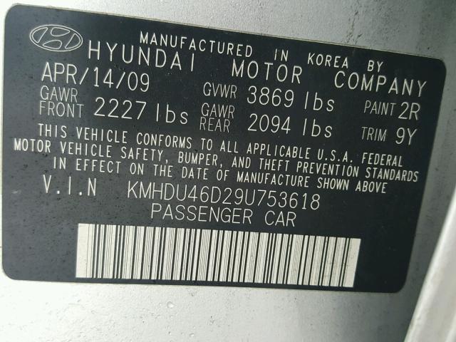 KMHDU46D29U753618 - 2009 HYUNDAI ELANTRA GL GRAY photo 10