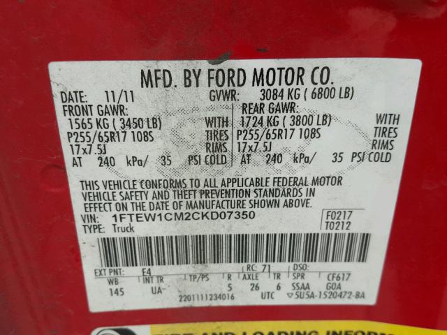 1FTEW1CM2CKD07350 - 2012 FORD F150 SUPER RED photo 10