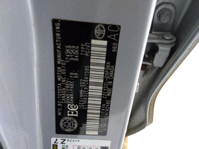 2T1KR32E97C681395 - 2007 TOYOTA COROLLA MA GRAY photo 9