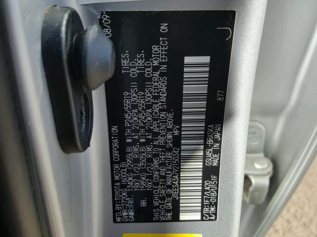 JTEES43A792150342 - 2009 TOYOTA HIGHLANDER SILVER photo 10