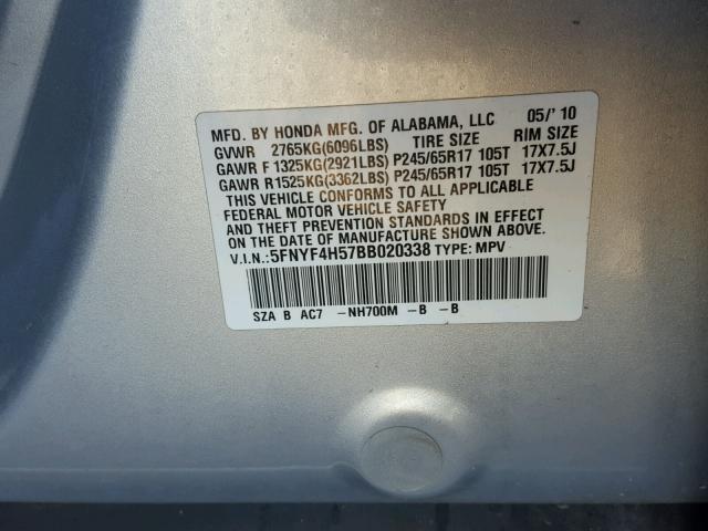 5FNYF4H57BB020338 - 2011 HONDA PILOT EXL SILVER photo 10