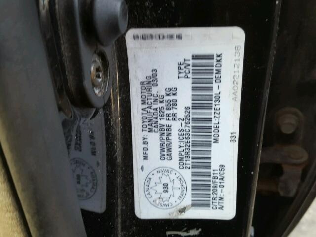 2T1BR32E63C762526 - 2003 TOYOTA COROLLA CE BLACK photo 10