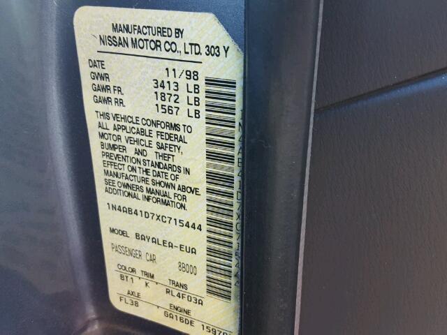 1N4AB41D7XC715444 - 1999 NISSAN SENTRA BAS BLUE photo 10