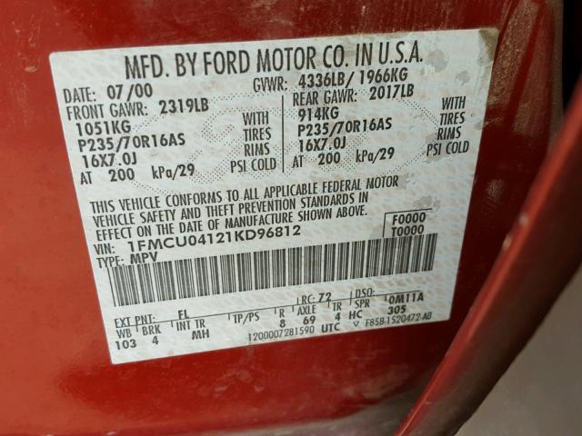 1FMCU04121KD96812 - 2001 FORD ESCAPE XLT RED photo 10