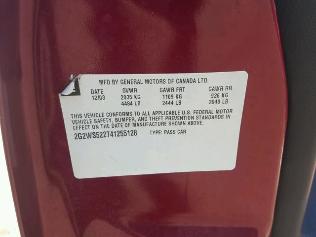 2G2WS522741255128 - 2004 PONTIAC GRAND PRIX RED photo 10