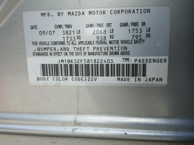 JM1BK32F581822403 - 2008 MAZDA 3 I SILVER photo 10