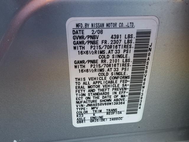 JN8AS58V68W139364 - 2008 NISSAN ROGUE S SILVER photo 10