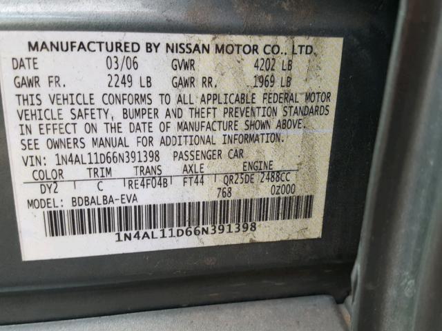 1N4AL11D66N391398 - 2006 NISSAN ALTIMA S TEAL photo 10