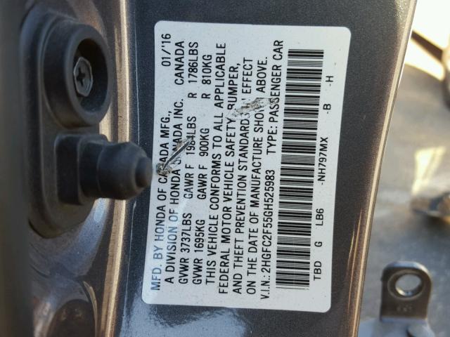 2HGFC2F55GH525983 - 2016 HONDA CIVIC LX GRAY photo 10