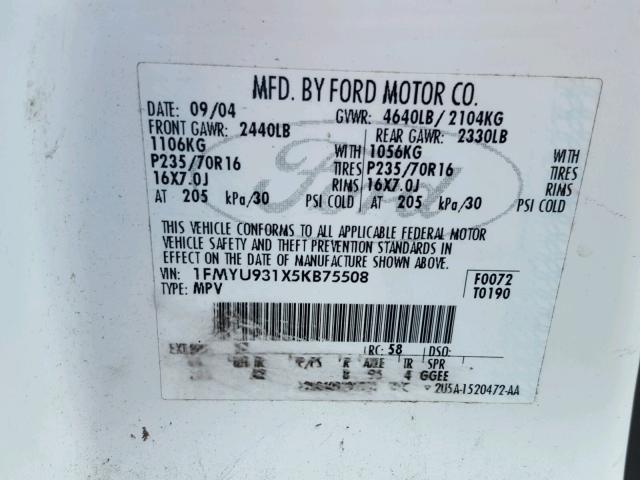 1FMYU931X5KB75508 - 2005 FORD ESCAPE XLT WHITE photo 10