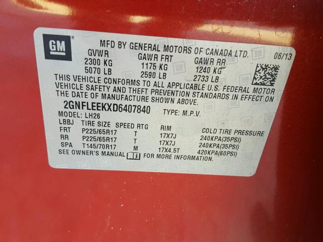 2GNFLEEKXD6407840 - 2013 CHEVROLET EQUINOX LT RED photo 10